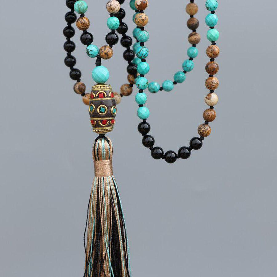 Mala du Népal en pierres d'Onyx et de Turquoise