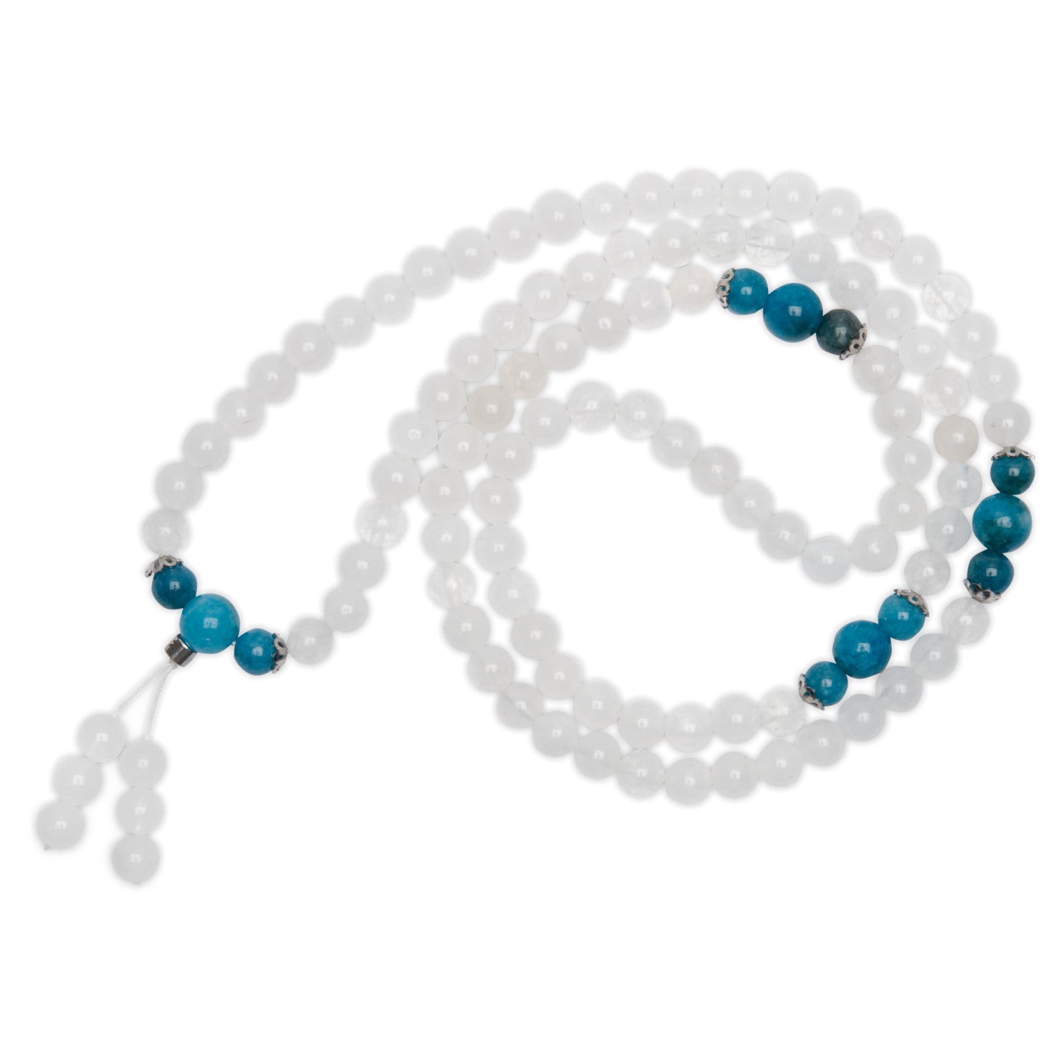 Mala "Guan Yin" en Pierre de Lune et Apatite Bleue