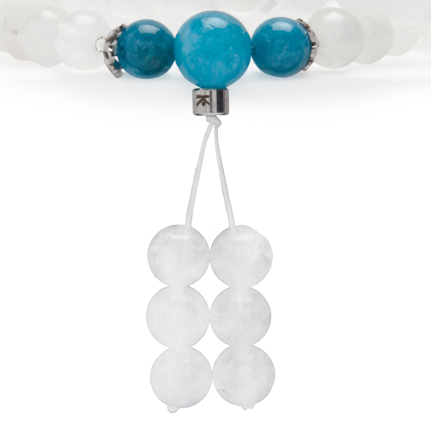 Mala "Guan Yin" en Pierre de Lune et Apatite Bleue