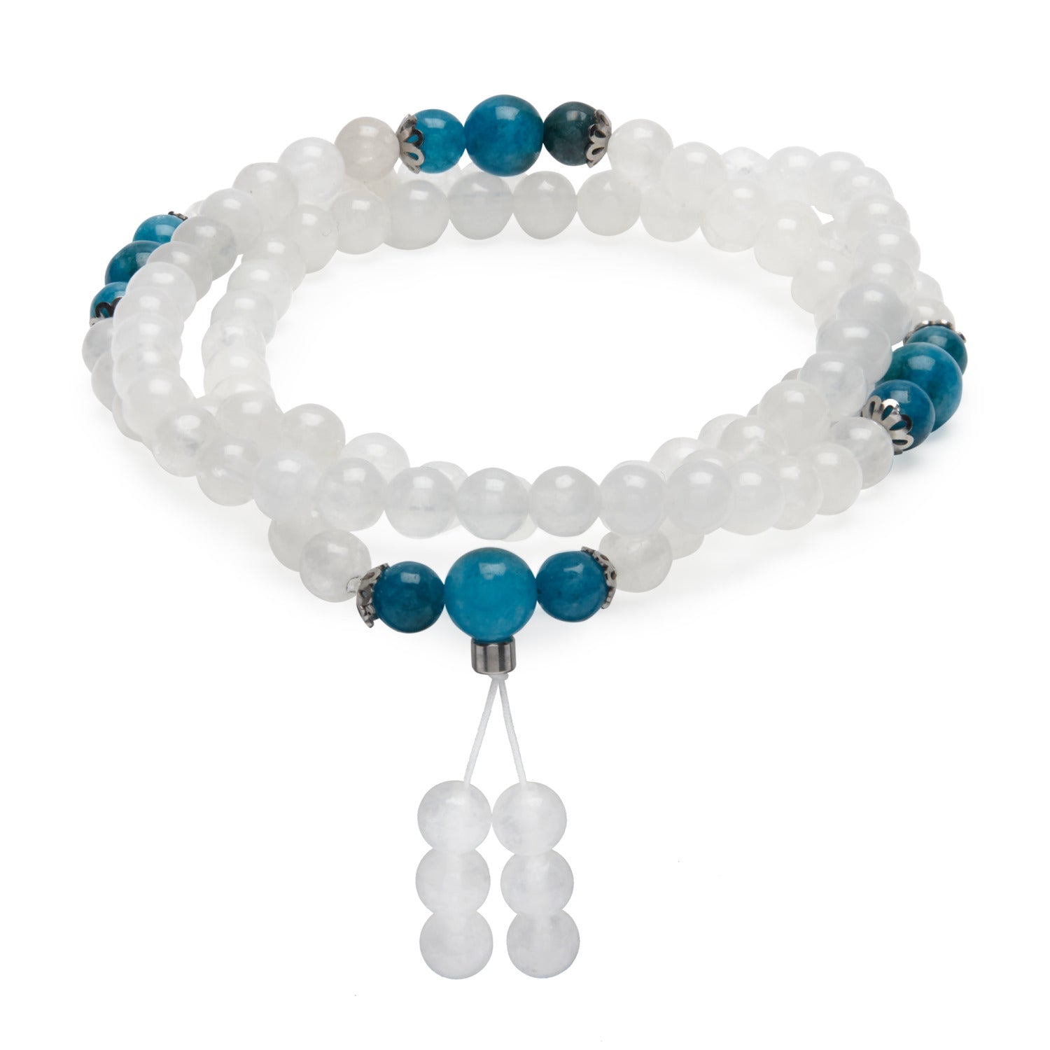 Mala "Guan Yin" en Pierre de Lune et Apatite Bleue