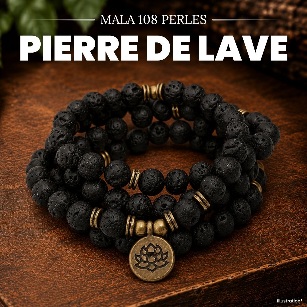 Mala «maitrise de la colère» 108 perles en Pierres de Lave et charme