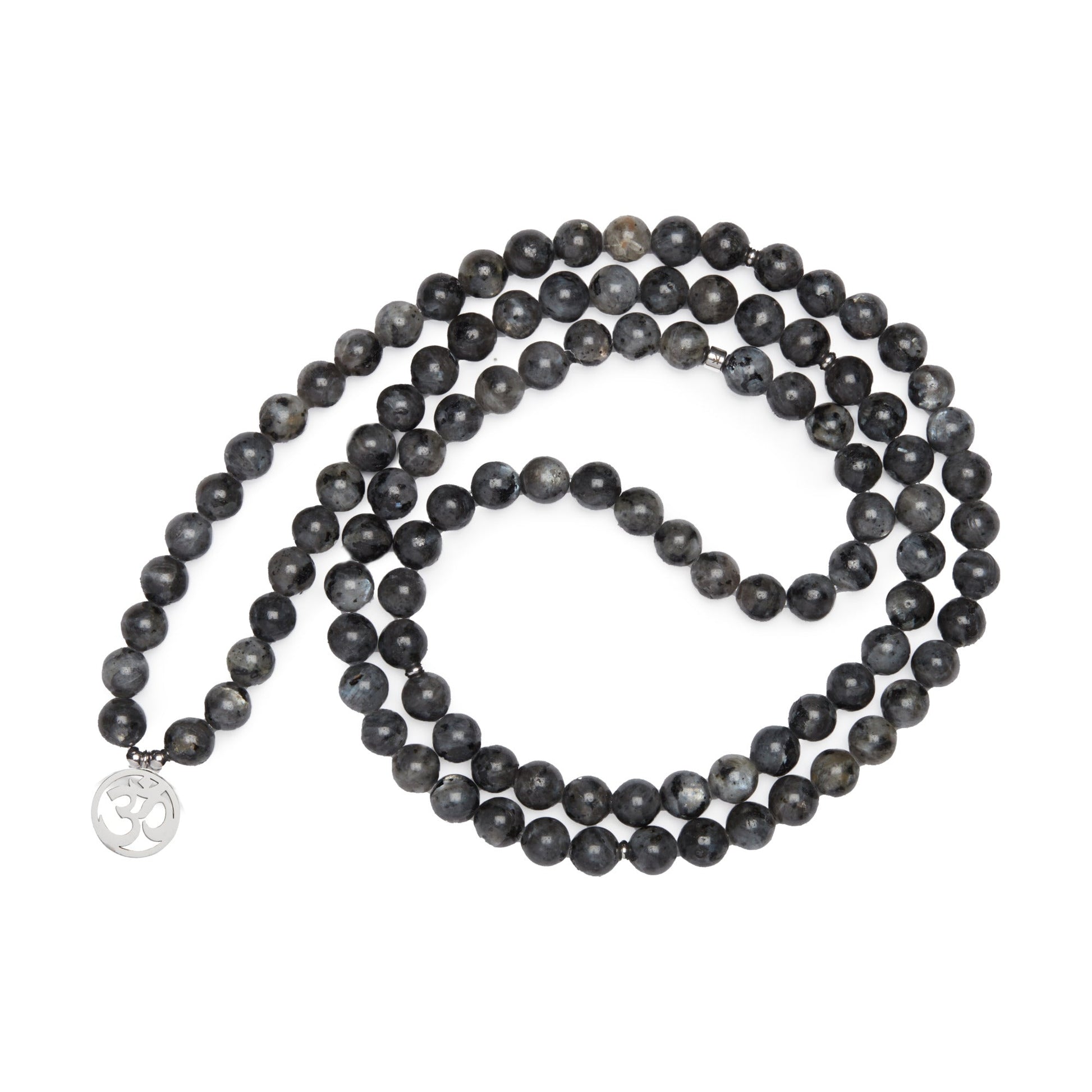 Mala "Om" de 108 perles en Labradorite Grise