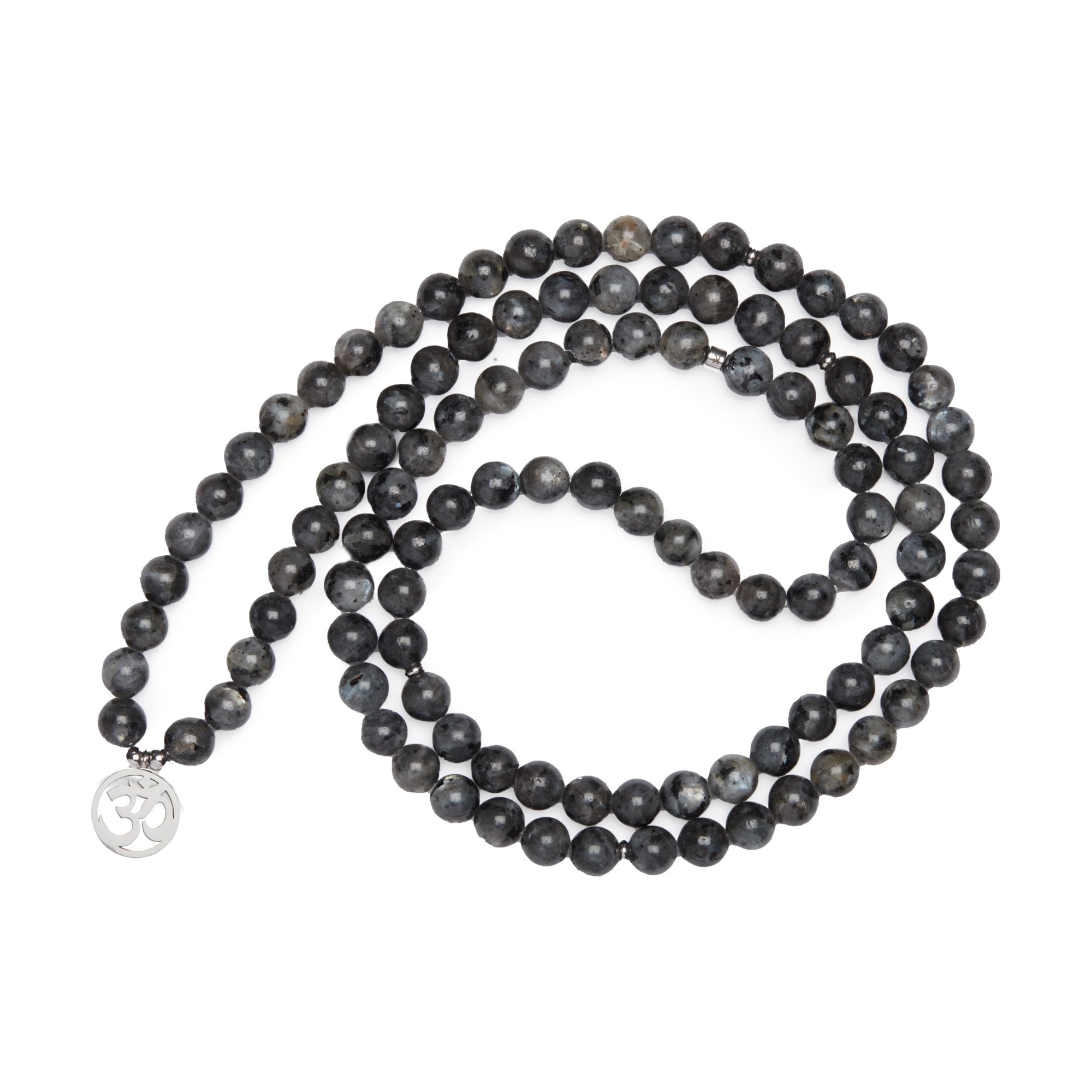 Mala "Om" de 108 perles en Labradorite Grise