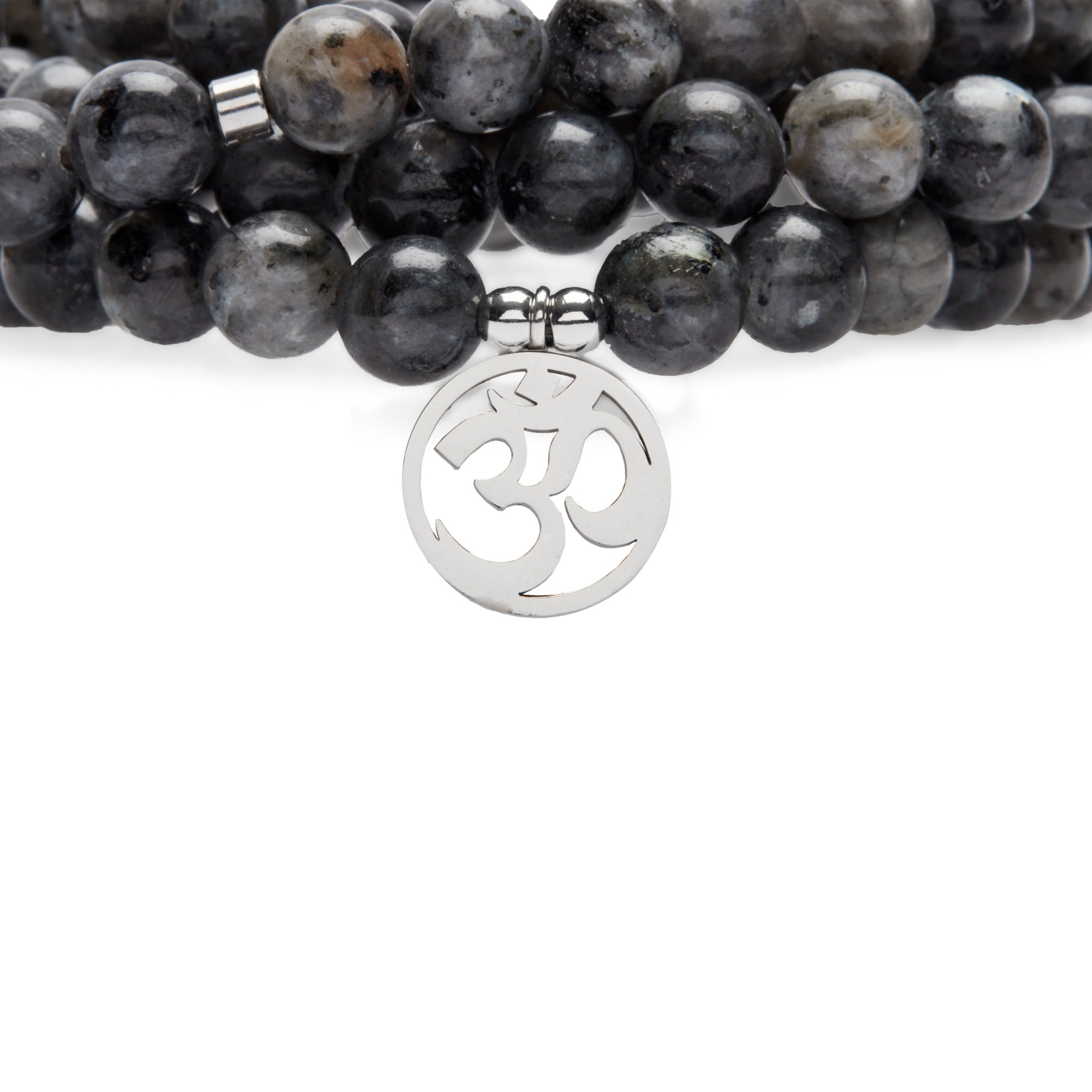 Mala "Om" de 108 perles en Labradorite Grise