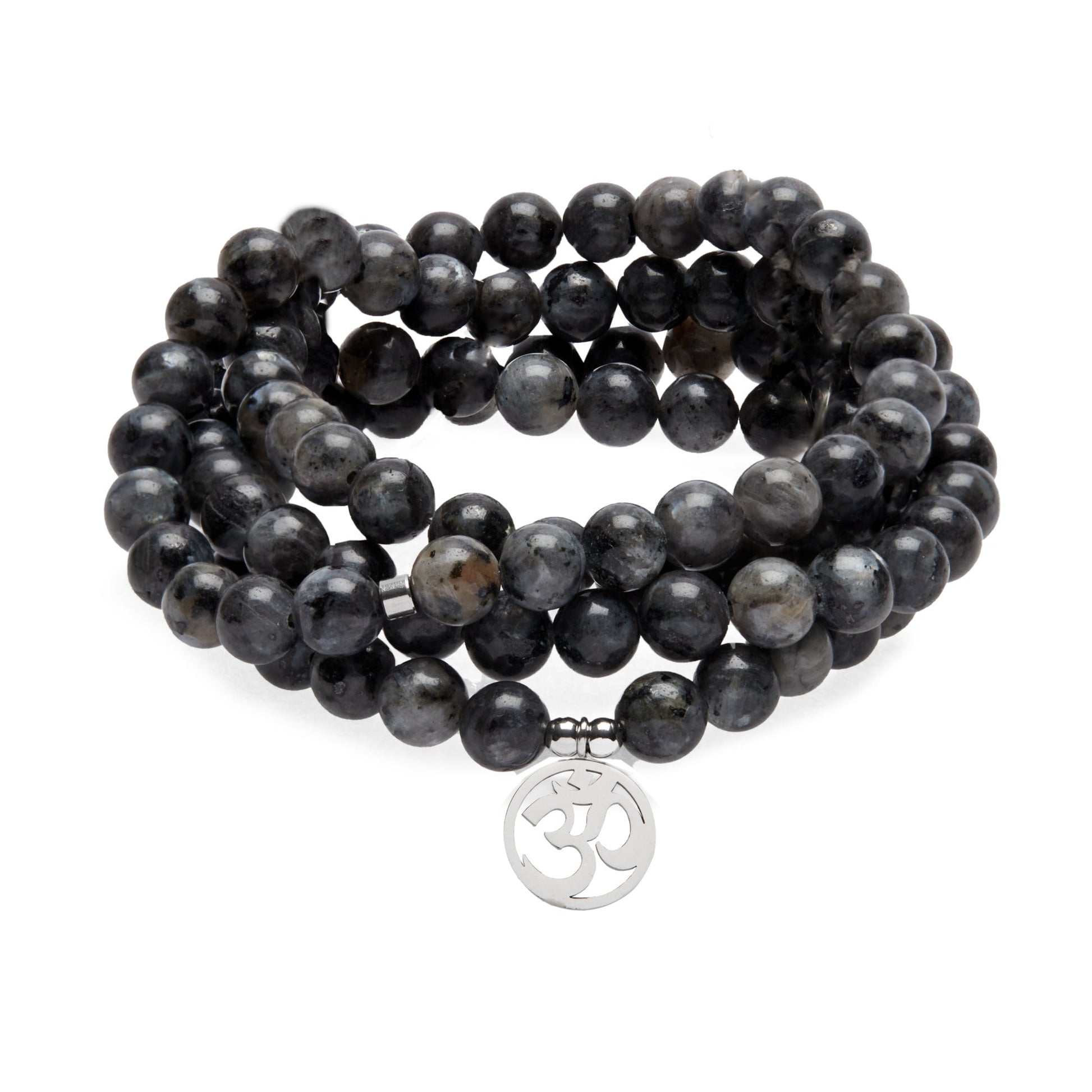 Mala "Om" de 108 perles en Labradorite Grise