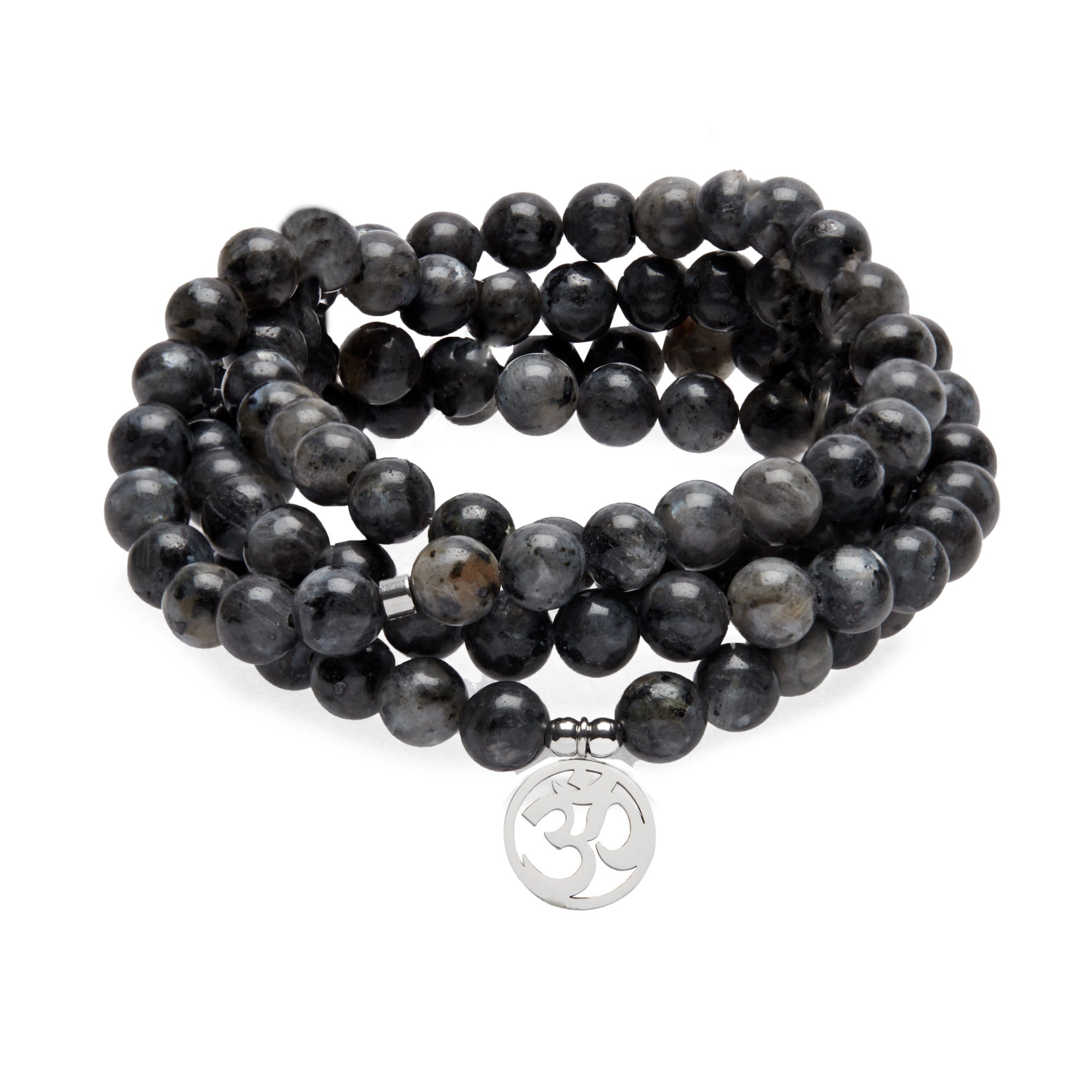 Mala "Om" de 108 perles en Labradorite Grise