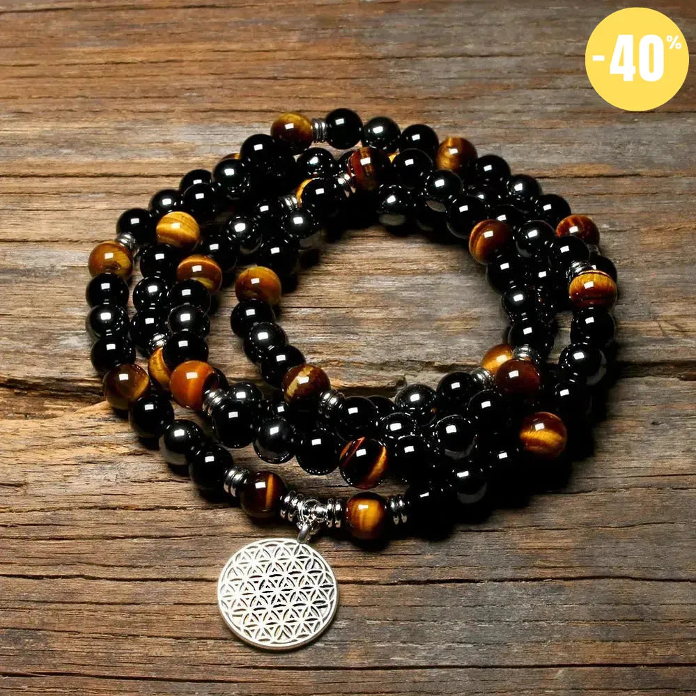 Mala «protection spirituelle» en Oeil de tigre, Hématite et Onyx Noir
