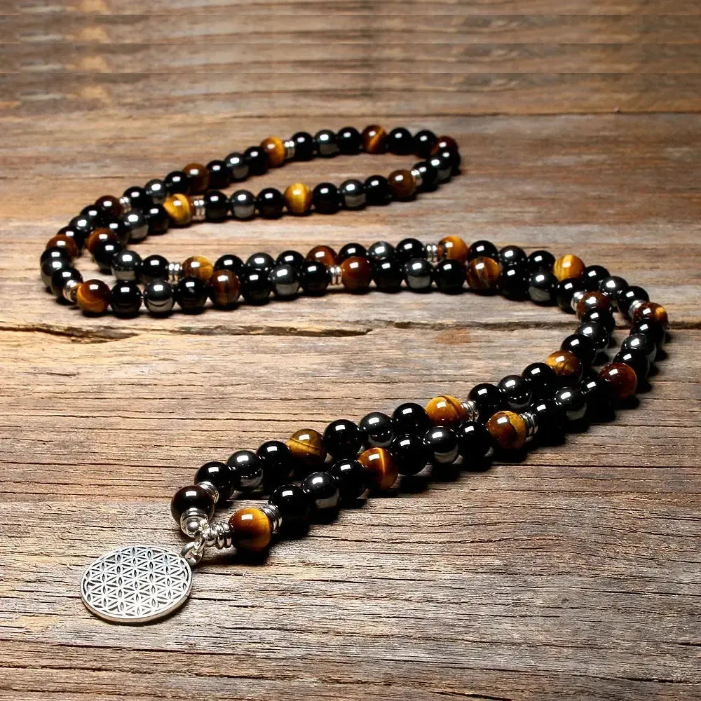 Mala «protection spirituelle» en Oeil de tigre, Hématite et Onyx Noir