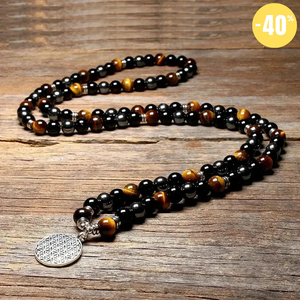 Mala «protection spirituelle» en Oeil de tigre, Hématite et Onyx Noir