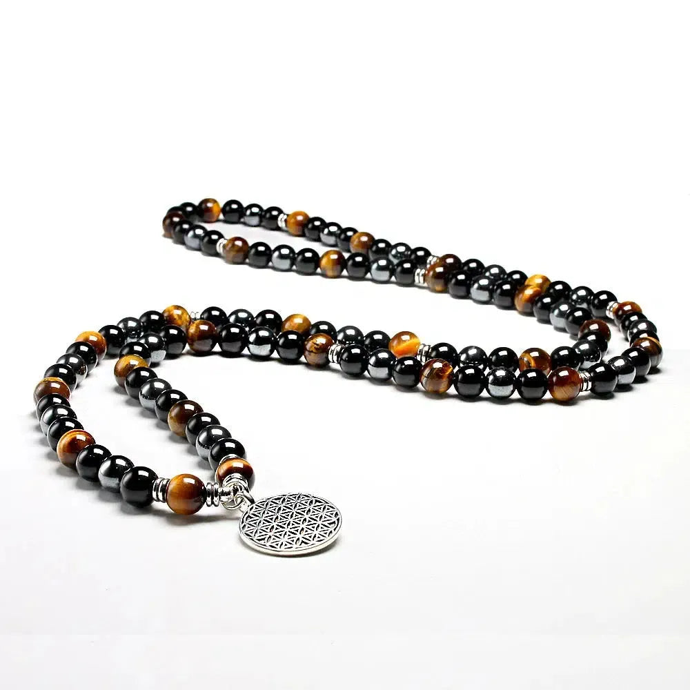 Mala «protection spirituelle» en Oeil de tigre, Hématite et Onyx Noir