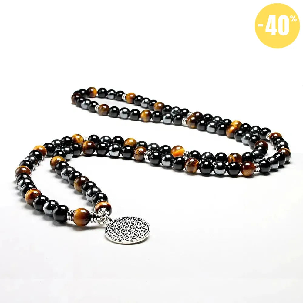 Mala «protection spirituelle» en Oeil de tigre, Hématite et Onyx Noir