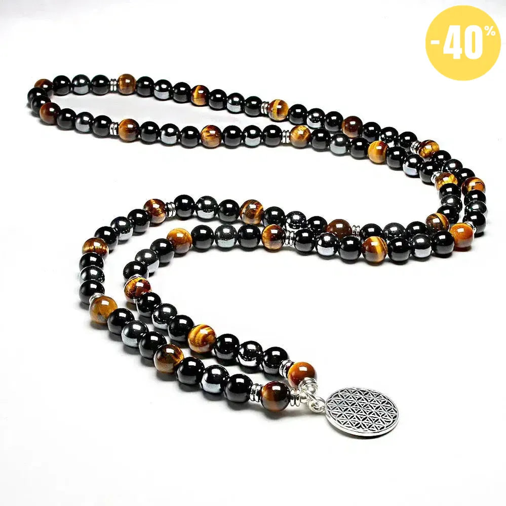 Mala «protection spirituelle» en Oeil de tigre, Hématite et Onyx Noir