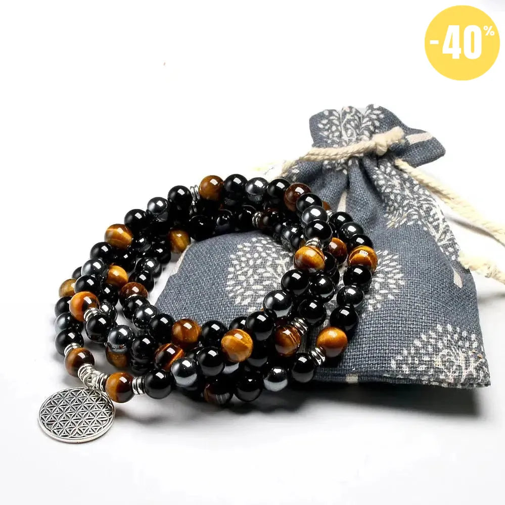 Mala «protection spirituelle» en Oeil de tigre, Hématite et Onyx Noir