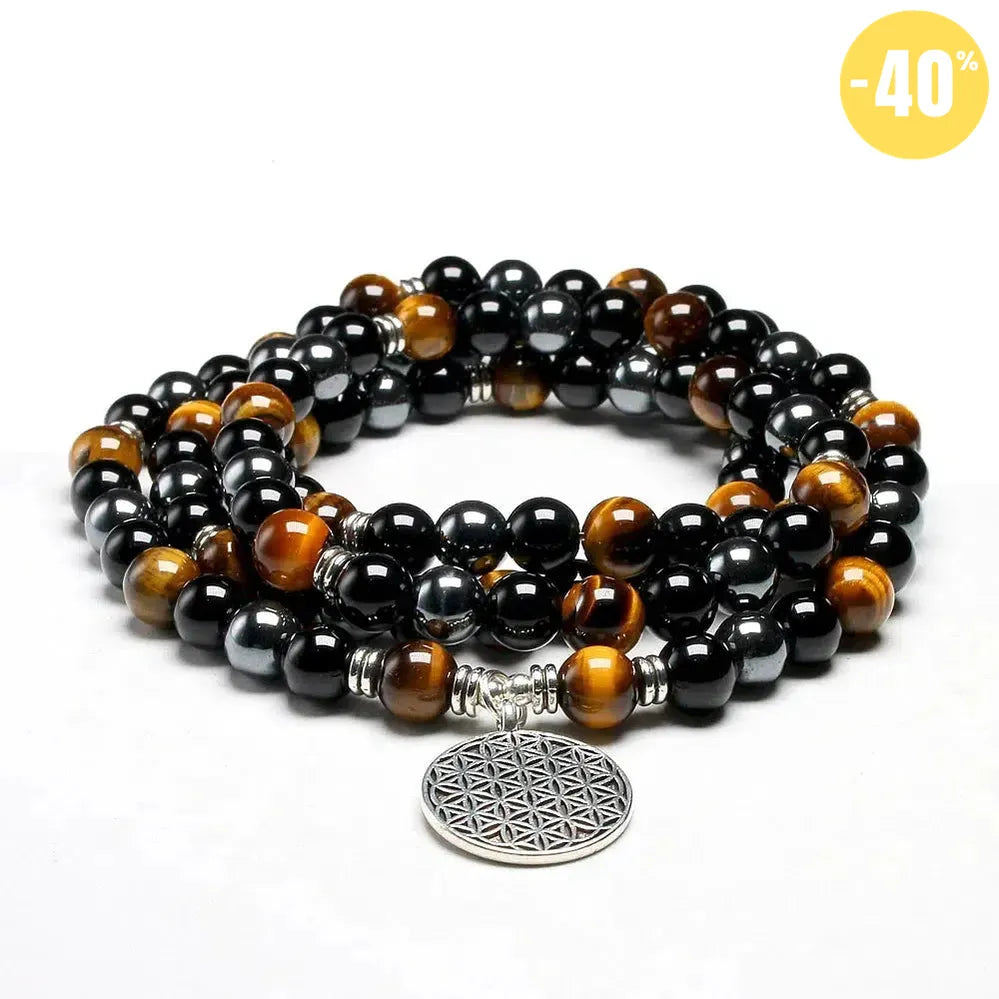 Mala «protection spirituelle» en Oeil de tigre, Hématite et Onyx Noir