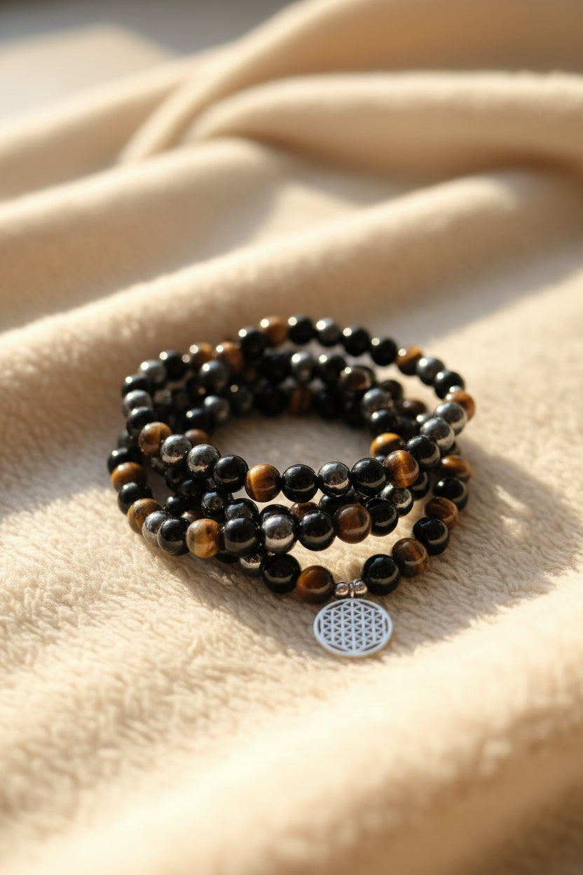 Mala "Triple Protection" en Oeil de Tigre, Hématite et Obsidienne Noire