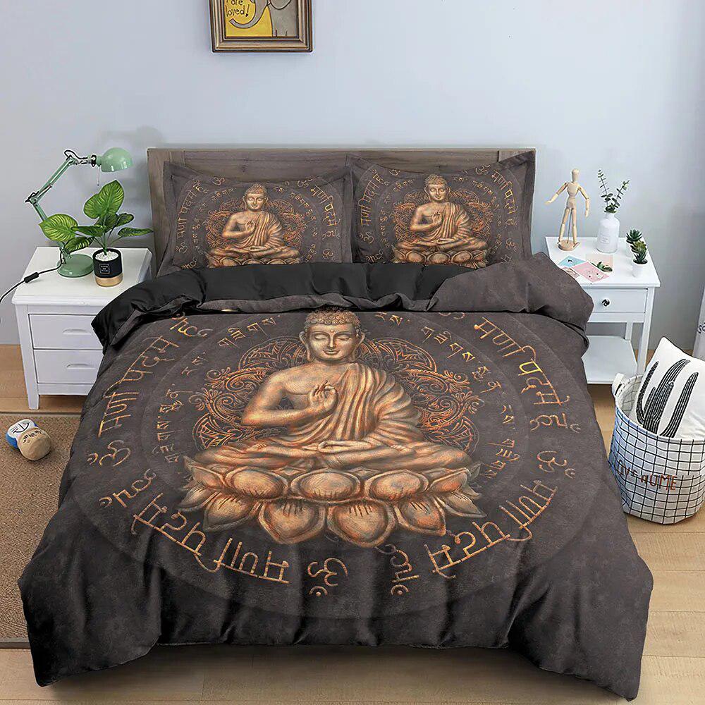Parure de lit, housse de couette et taies imprimées à l’effigie de Bouddha