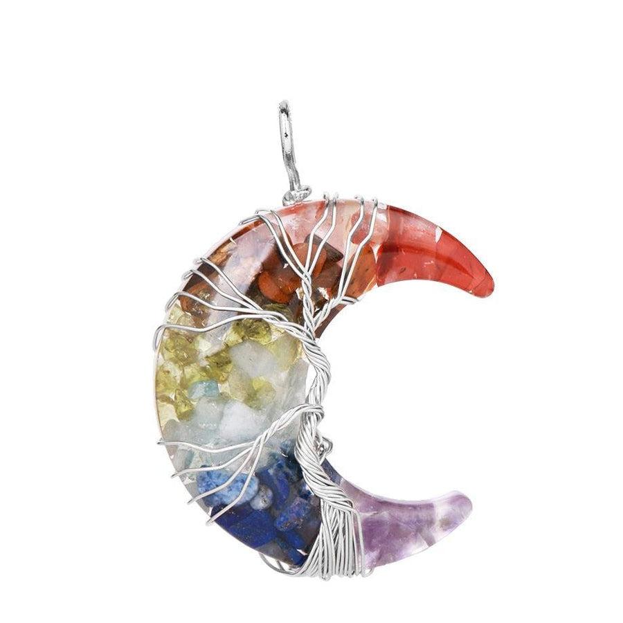 Pendentif «Éclat et Harmonie Spirituelle» des 7 Chakras en forme de Lune et Arbre de Vie