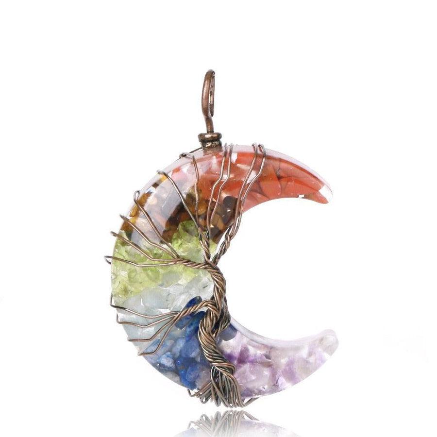 Pendentif «Éclat et Harmonie Spirituelle» des 7 Chakras en forme de Lune et Arbre de Vie
