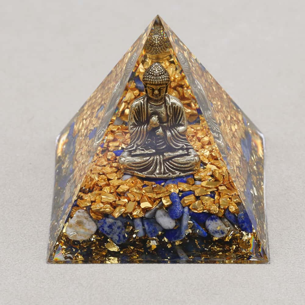 Pyramide Orgonite Bouddha de la Sagesse en Lapis Lazuli et Feuille d'or