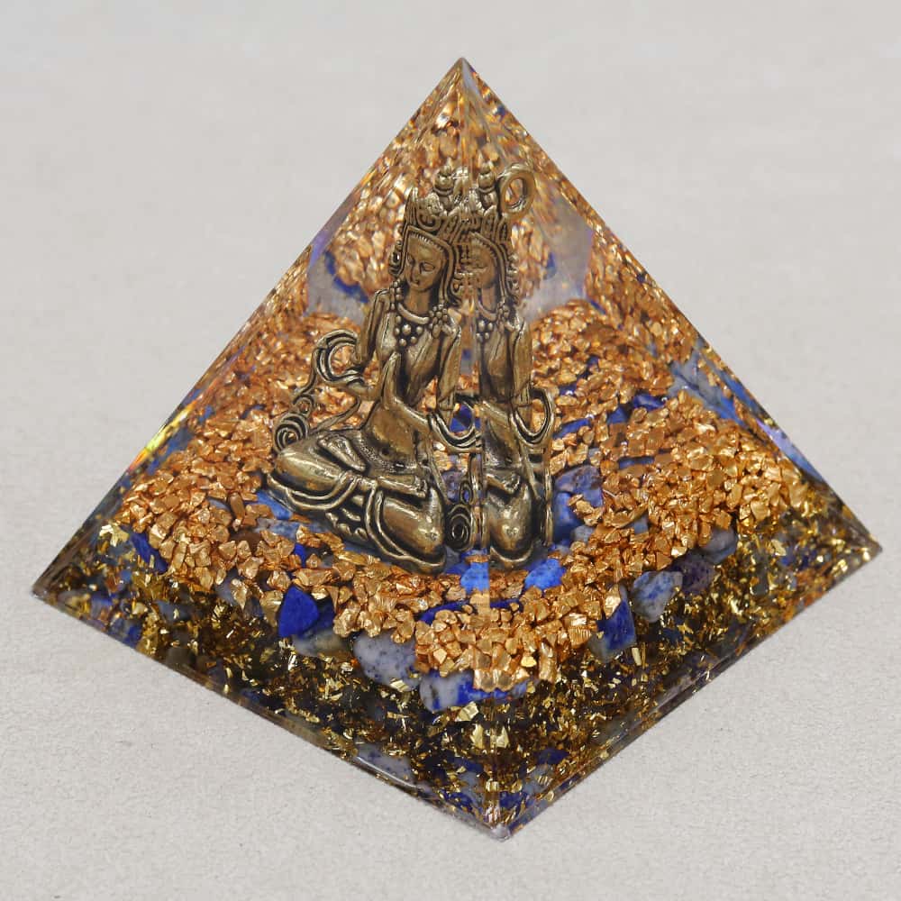 Pyramide Orgonite Bouddha en Lapis Lazuli et Feuille d'or