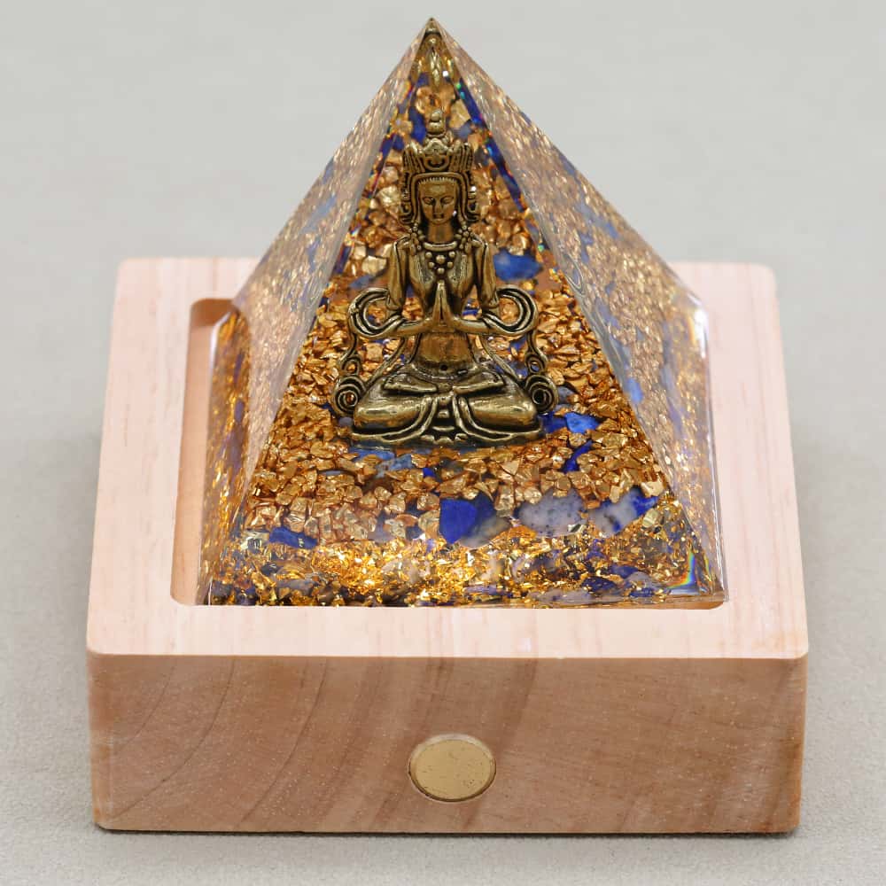 Pyramide Orgonite Bouddha en Lapis Lazuli et Feuille d'or