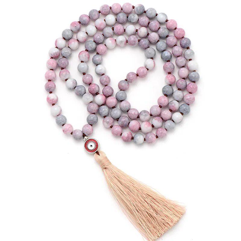 Superbe Mala de méditation «centrage» en pierres de rhodonite givrée et son bracelet
