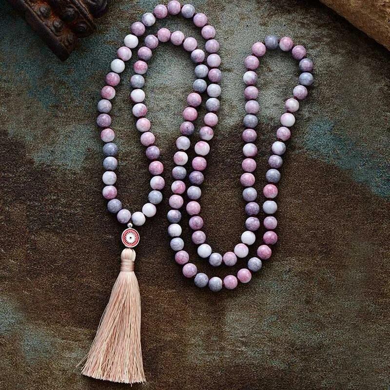 Superbe Mala de méditation «centrage» en pierres de rhodonite givrée et son bracelet
