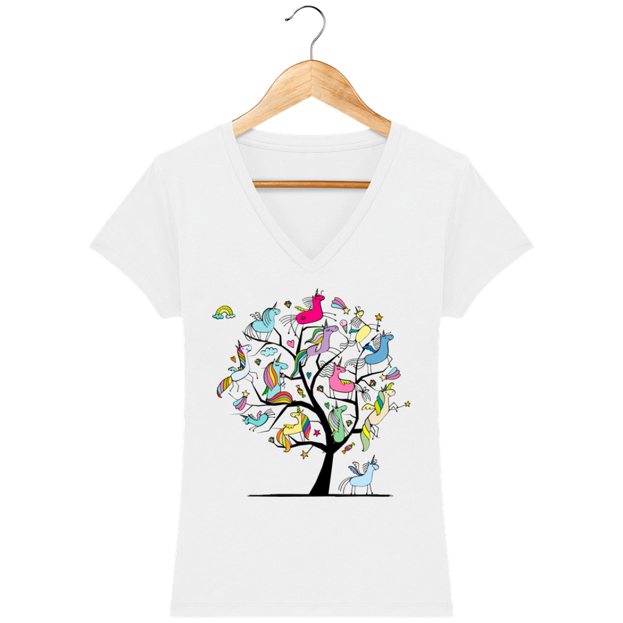 T-shirt col V en coton bio pour femme «Arbre de Vie à Licornes»