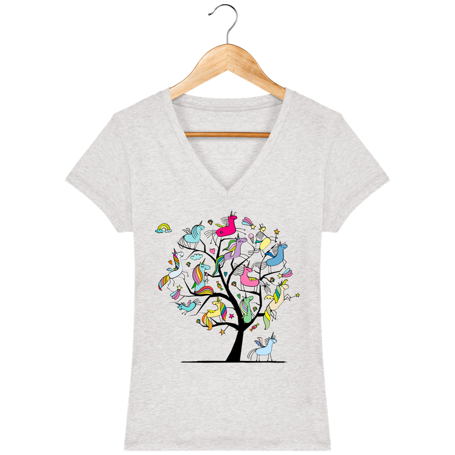 T-shirt col V en coton bio pour femme «Arbre de Vie à Licornes»