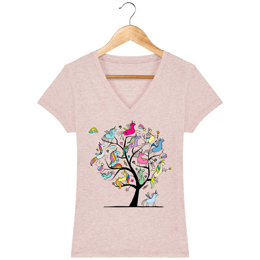 T-shirt col V en coton bio pour femme «Arbre de Vie à Licornes»