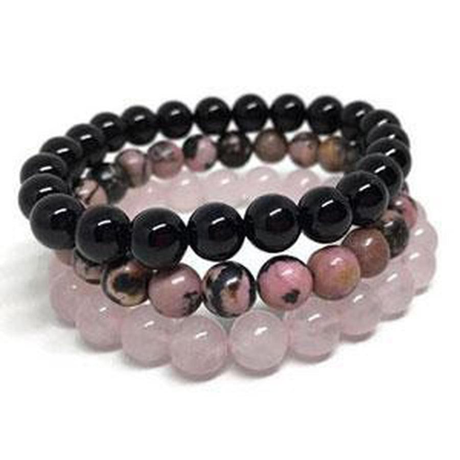 3 Bracelets «Confiance en l'Amour» Quartz Rose Onyx et Rhodonite