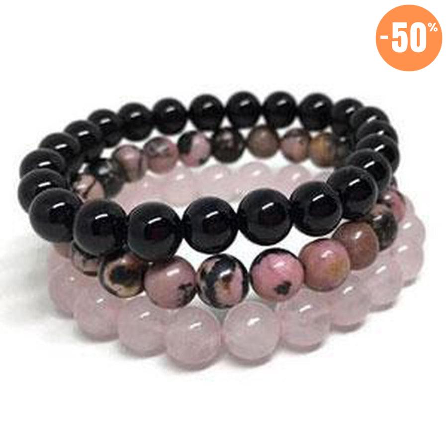 3 Bracelets «Confiance en l'Amour» Quartz Rose Onyx et Rhodonite