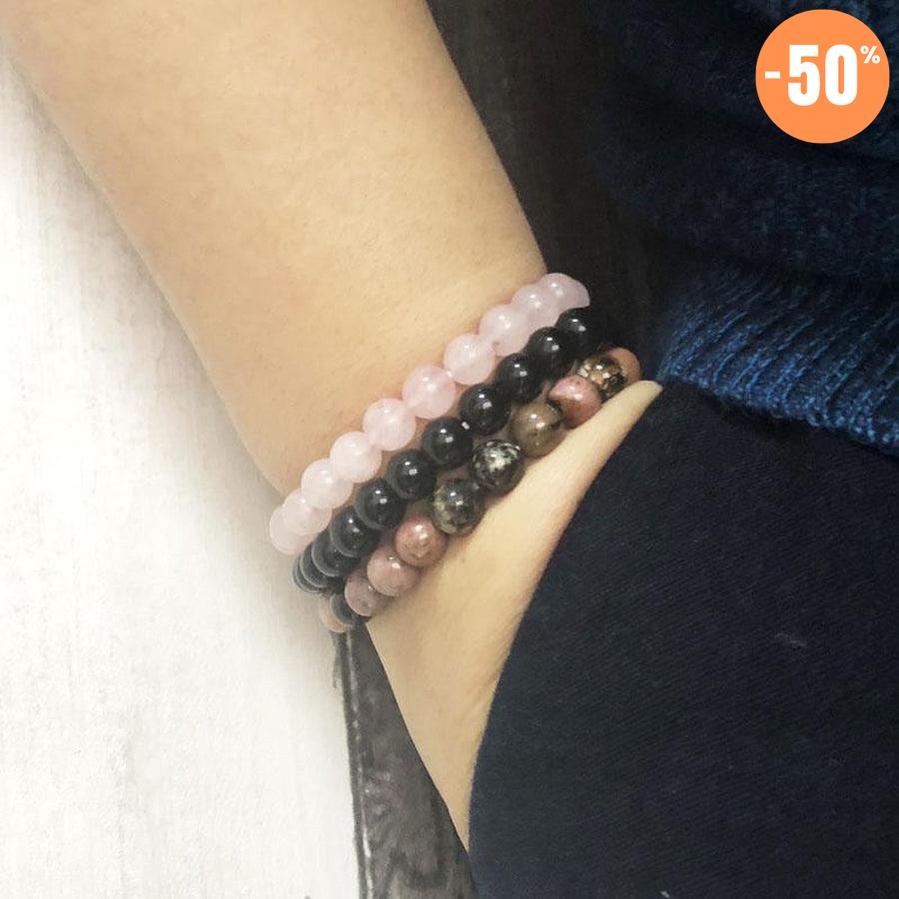 3 Bracelets «Confiance en l'Amour» Quartz Rose Onyx et Rhodonite