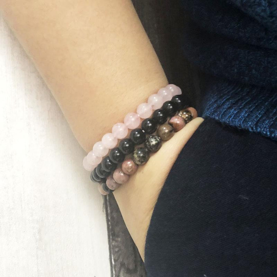 3 Bracelets «Confiance en l'Amour» Quartz Rose Onyx et Rhodonite