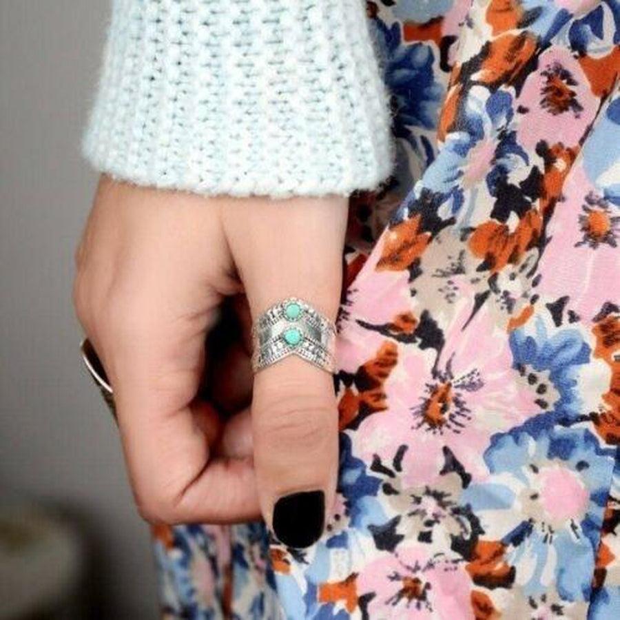 Bague bohème double cabochon en argent et Turquoise