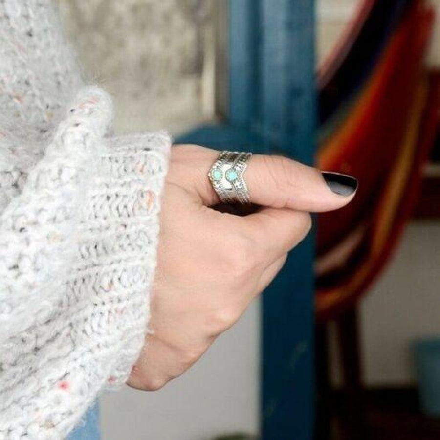 Bague bohème double cabochon en argent et Turquoise
