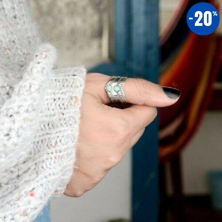 Bague bohème double cabochon en argent et Turquoise