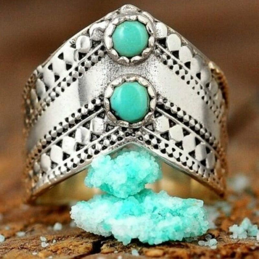 Bague bohème double cabochon en argent et Turquoise