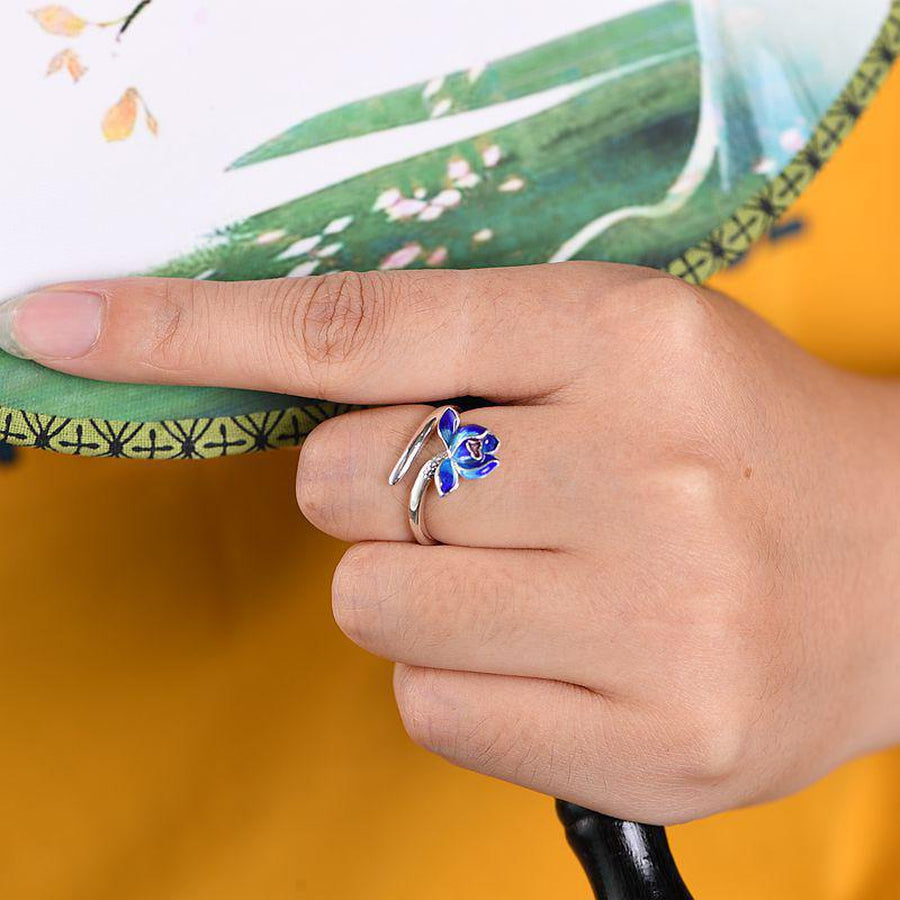 Bague ouverte fleur de Lotus en argent Sterling 925