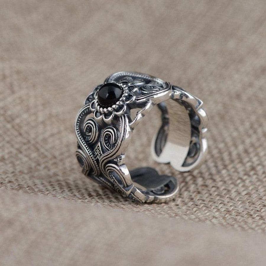 Bague rétro en argent thaïlandais avec une agate noire incrustée