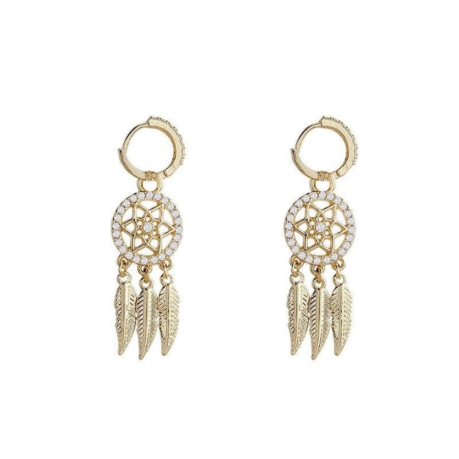 Boucles d’oreilles plumes et attrape-rêve cerclées de strass