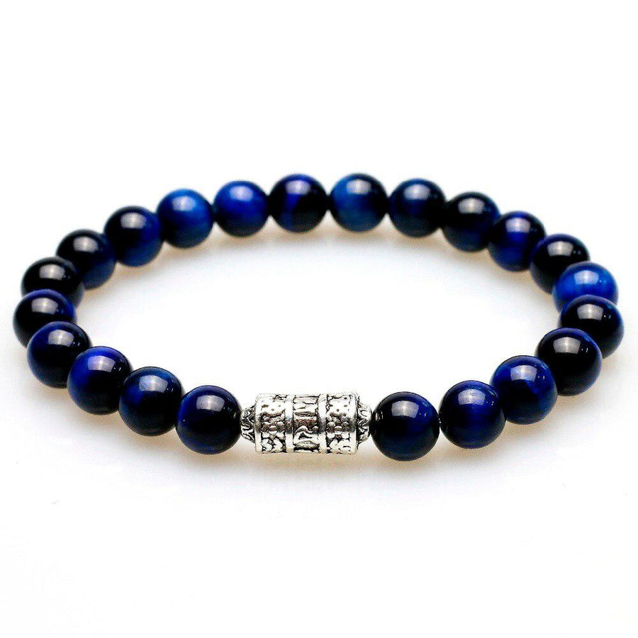 Bracelet Perles de pierres d'Œil de tigre bleu et totem bouddhiste