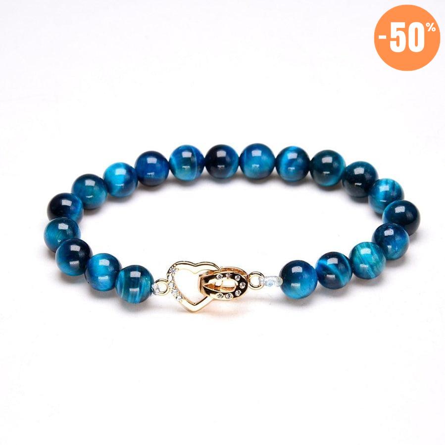 Bracelet de charme en Œil de tigre bleu, cœur et fer à cheval