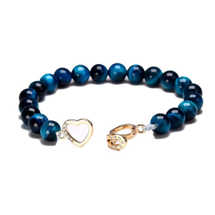 Bracelet de charme en Œil de tigre bleu, cœur et fer à cheval