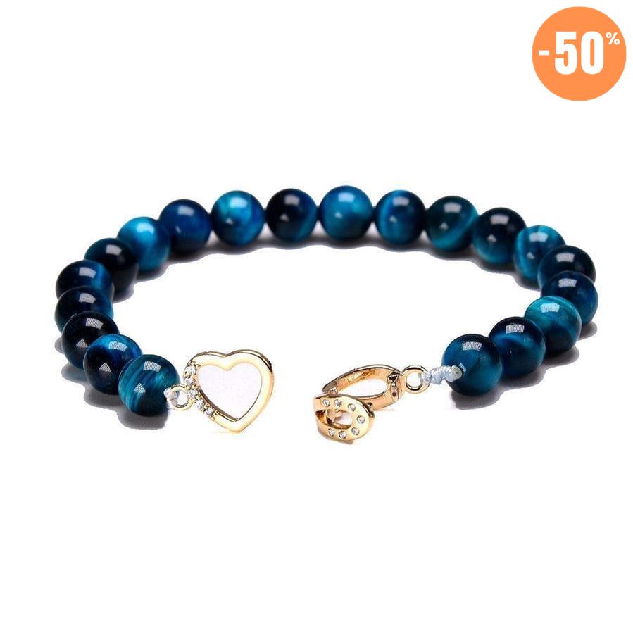 Bracelet de charme en Œil de tigre bleu, cœur et fer à cheval