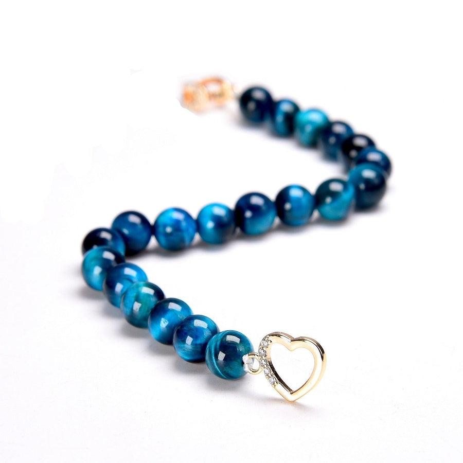 Bracelet de charme en Œil de tigre bleu, cœur et fer à cheval