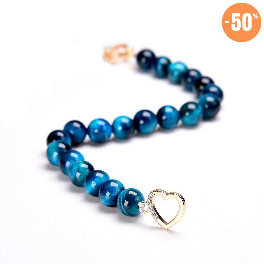 Bracelet de charme en Œil de tigre bleu, cœur et fer à cheval