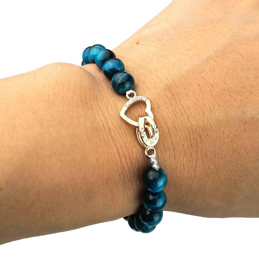 Bracelet de charme en Œil de tigre bleu, cœur et fer à cheval
