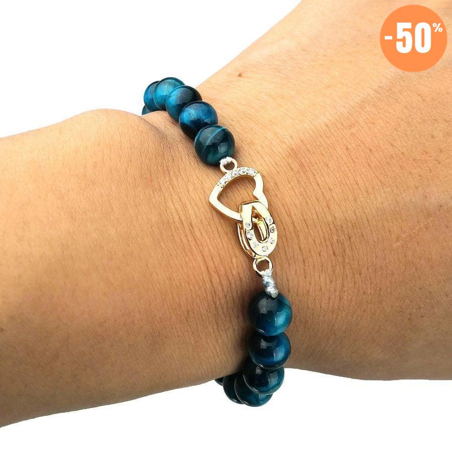 Bracelet de charme en Œil de tigre bleu, cœur et fer à cheval