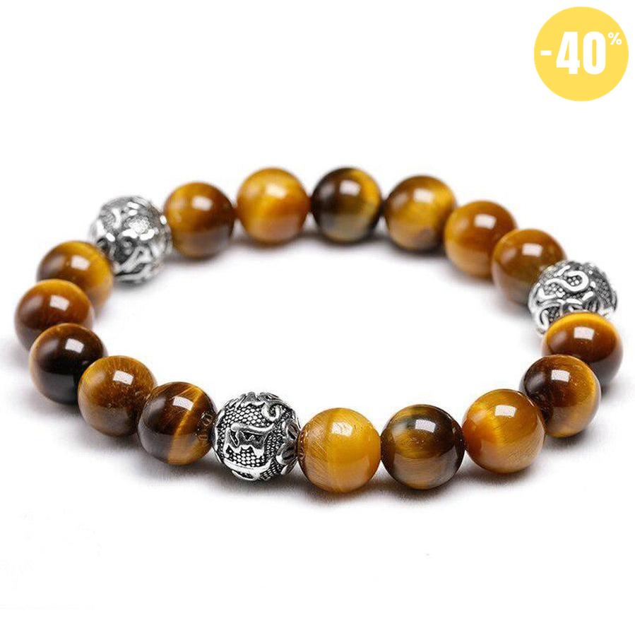 Bracelet en Œil de tigre naturel et 3 perles cylindriques gravées « Om Mani Padme Hum »